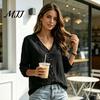 Early Autumn Women Shirt V-Neck Long Sleeves Shirt, Solid Color Button Front Cotton Casual Linen Blouse, Breathable Loose Fit Top for Daily