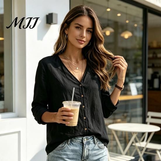 Early Autumn Women Shirt V-Neck Long Sleeves Shirt, Solid Color Button Front Cotton Casual Linen Blouse, Breathable Loose Fit Top for Daily