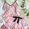 Pigiama da donna in raso liscio, maglietta scollo a V, bordi arricciati e shorts con fiocco, set pigiama semplice e traspirante, canottiera, abbigliamento da casa