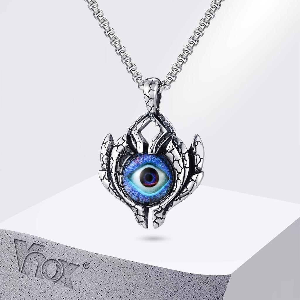 Vnox Big Evil Eye Pendant Necklace, Chunky Stainless Steel Badge with Turkish Eye Pendant, Punk Men Accessory