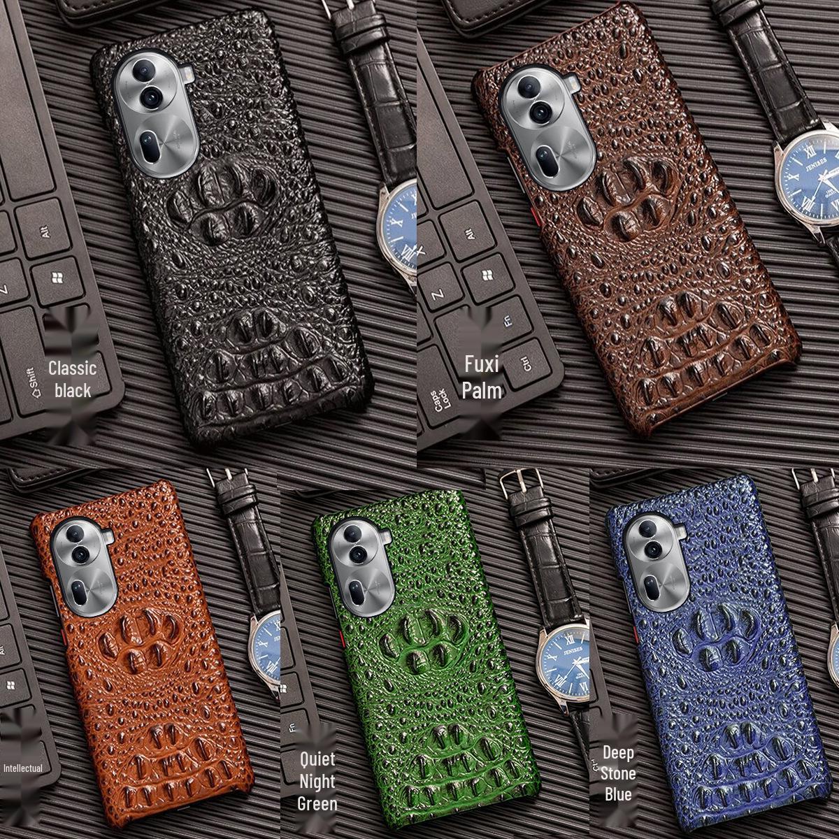 

Кожаный защитный чехол-полупакет из коровьей кожи с черепом для OPPO Reno10Pro для Reno10Pro+ Reno6 чёрный