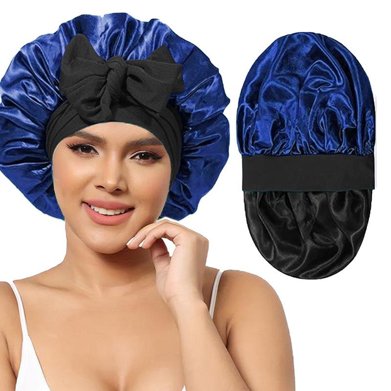 Women's Reversible Double-Layer Satin Nightcap with Ribbon - High Elasticity Round Hat for Hair Protection