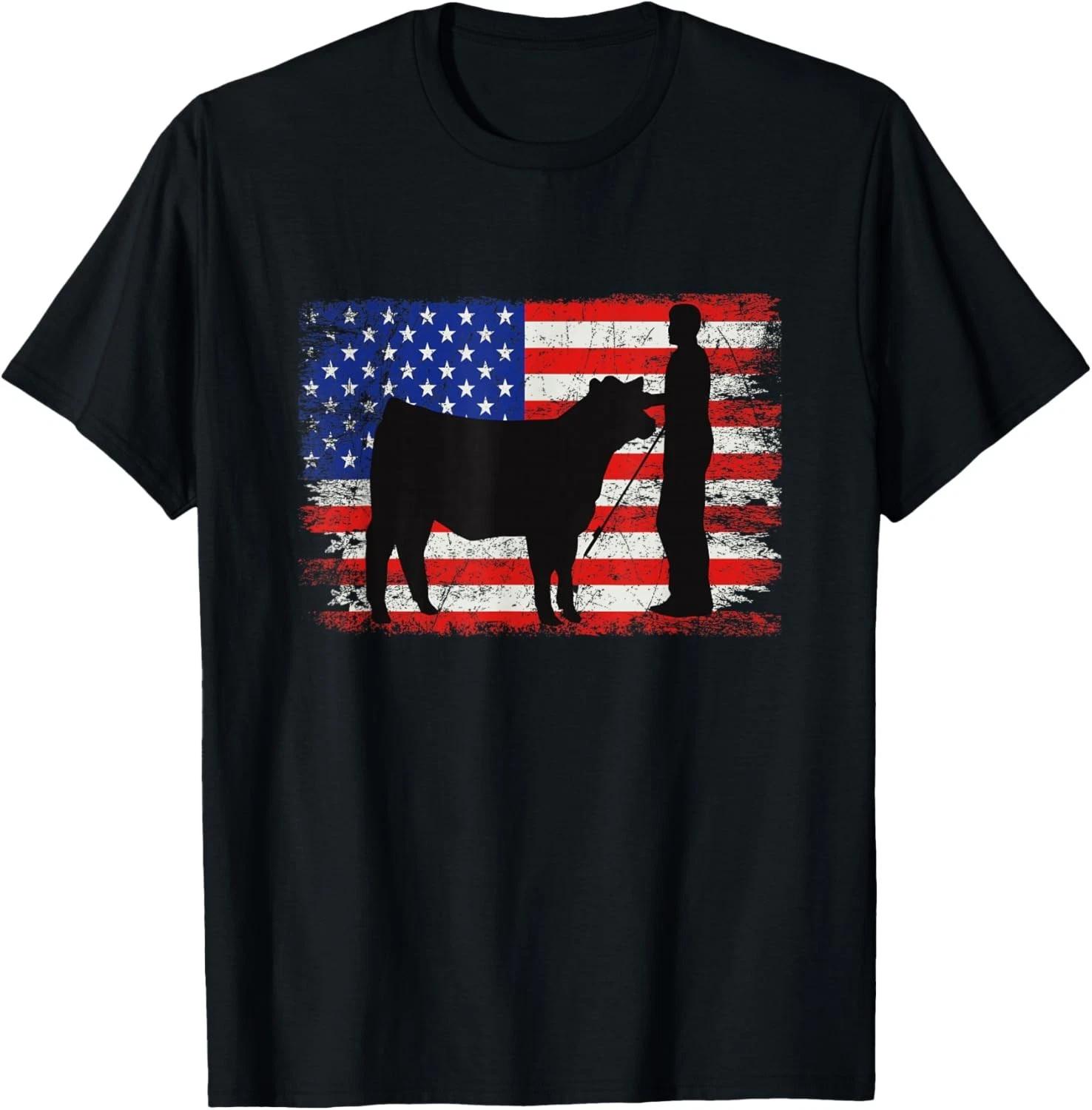 Cattle American Patriotic USA Flag - Fun Cattle Show T-Shirt M