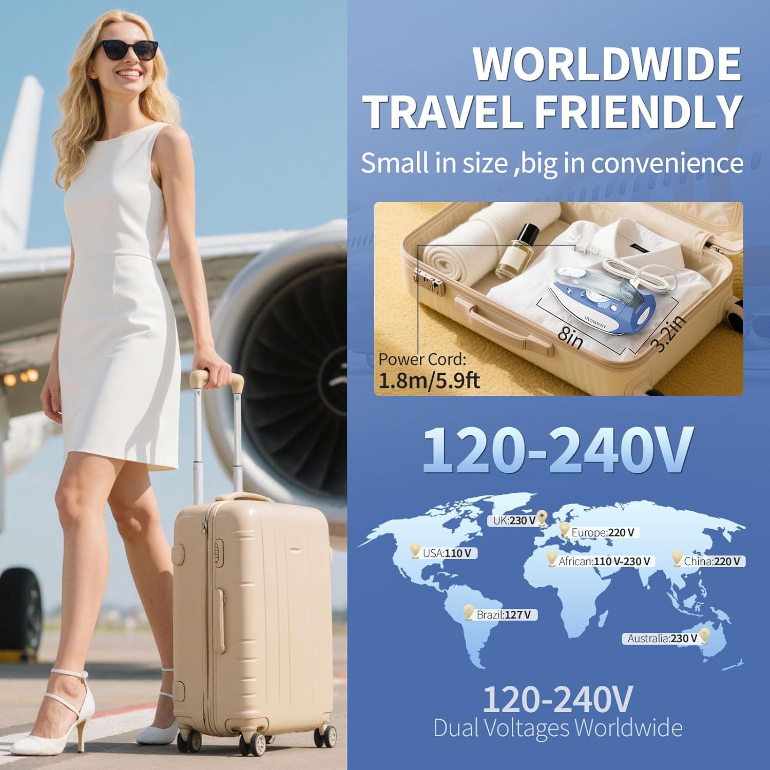 

Мини дорожный утюг с паром, двойное напряжение, резервуар 2,7 унции, регулировка температуры, антипригарная подошва, складная ручка, портативный для шитья и United States