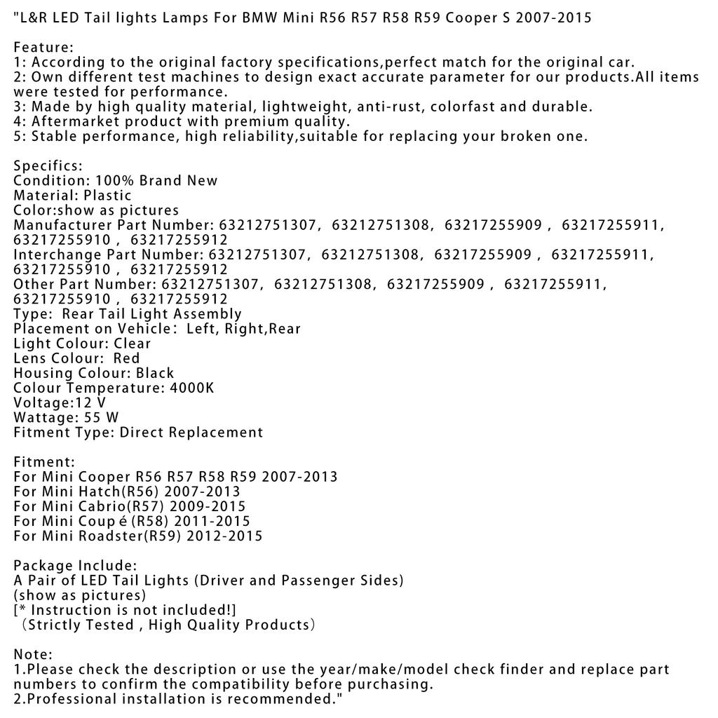 L&R LED Tail lights Lamps For BMW Mini R56 R57 R58 R59 Cooper S 2007-2015 Grey