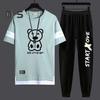 2Pcs/Set Men Casual Sportwear O-Neck Short Sleeve Bear Pattern T-shirt Elastic Waist Sweatpants Set Loose Fit Sports Wear