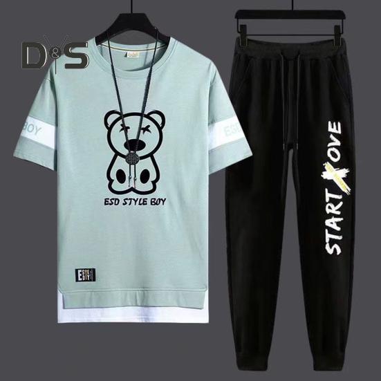 2Pcs/Set Men Casual Sportwear O-Neck Short Sleeve Bear Pattern T-shirt Elastic Waist Sweatpants Set Loose Fit Sports Wear