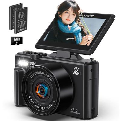 Beho Digital Camera, 5K Recording, Wi-Fi Connection, 75MP, 180° Rotating Display, 18x Digital Zoom, Autofocus, Continuous Shooting, Selfie, Large