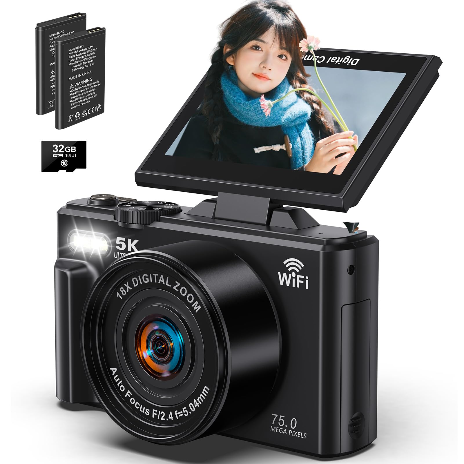 

Beho Digital Camera, 5K Recording, Wi-Fi Connection, 75MP, 180° Rotating Display, 18x Digital Zoom, Autofocus, Continuous Shooting, Selfie, Large