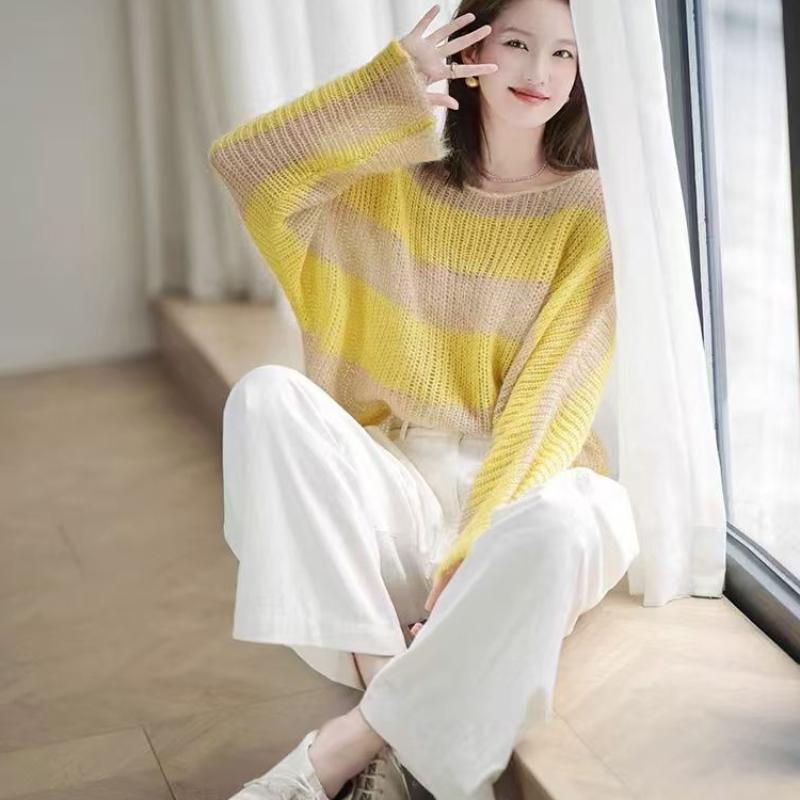 Yellow High-end Color-block Loose Striped Knitwear Designed Top Lazy Early Spring Elegant Thin Hollow Out
