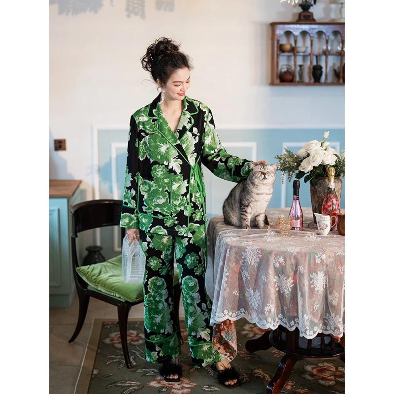 

Пижама из двух частей для женщин весна и осень новая верхняя одежда планка подтяжки домашняя одежда XL зелёный