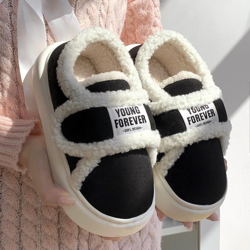 Women's Retro Velcro Cotton Slippers - Non-Slip, Warm Velvet, Full Heel for Autumn/Winter.