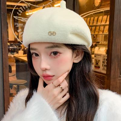 Versión Coreana de la Boina de Lana Otoño e Invierno Retro Literario Sombrero de Pintor Versátil que Muestra el Rostro Pequeño Sombrero de Capullo Cálido Trendy