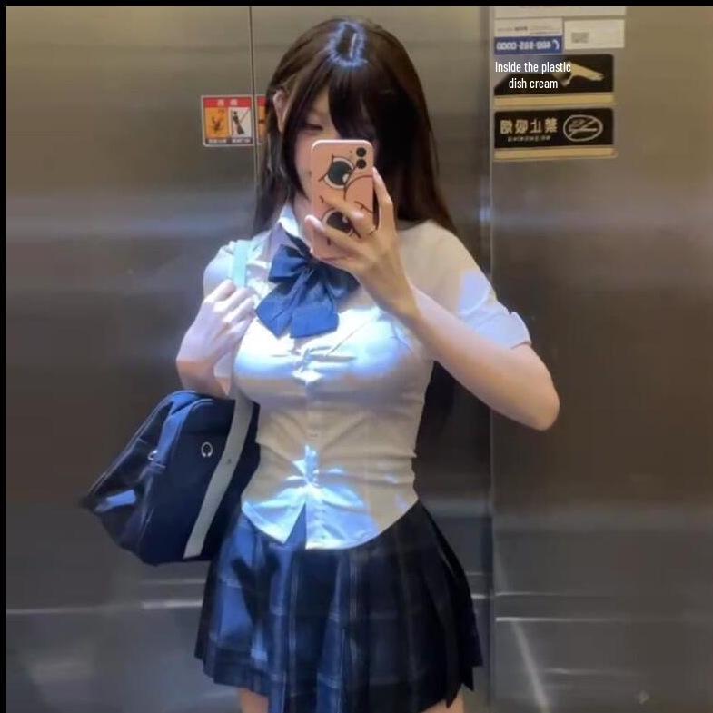 Waist-Cinching Japanese JK Uniform: Carbon Grey Pleated Skirt & Slim Fit Shirt Set