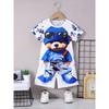 Boy'S Two-Piece Casual Outfit with Cute Bear Print And Round Neck Short Sleeve Top And Bear Print Relaxing Shorts