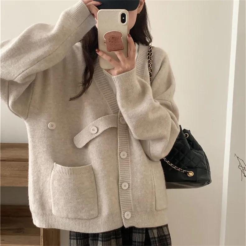 

Осень Зима Женский Однотонный Свитер Куртка Вязаный Кардиган Повседневный Стиль Свободный Кардиган Свитер XXL бежевый