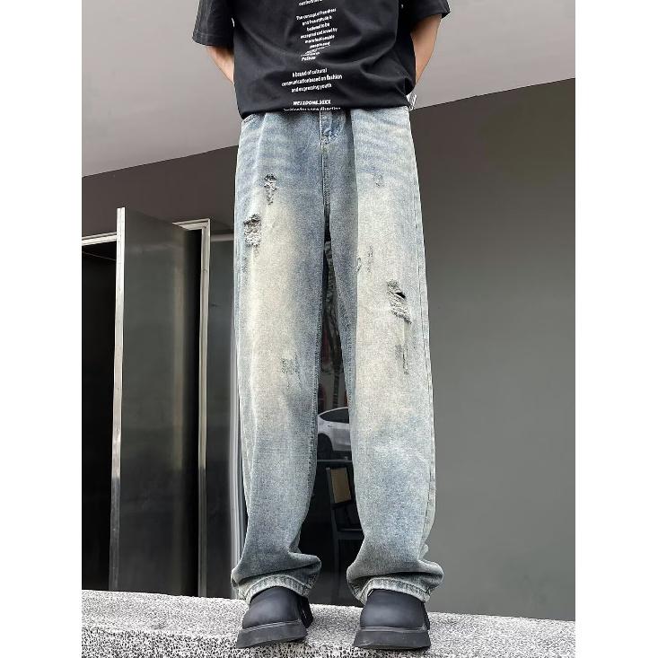 Men'S Retro Washed Vintage Wide Leg Jeans, Men'S Loose Straight Leg Casual Versatile Vibe Hanging Long Pants