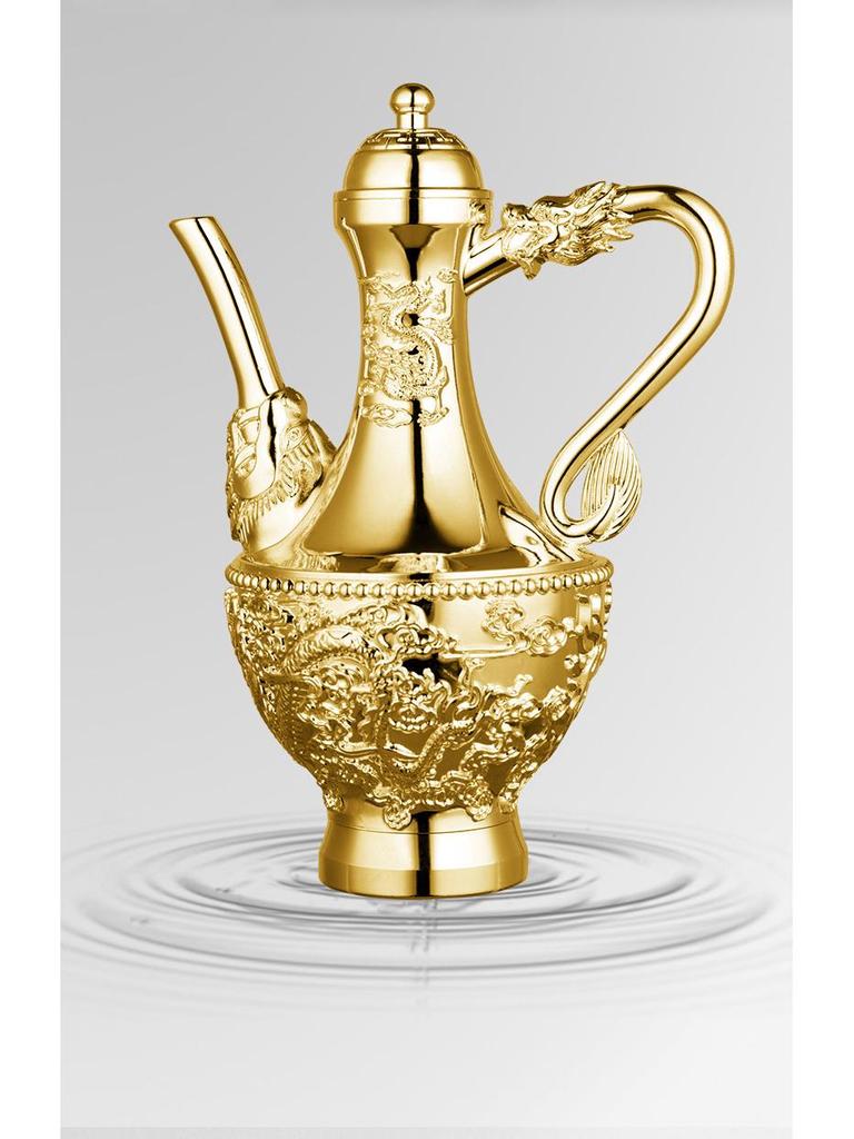 Dragon & Phoenix Wine Set: Silver Pot, Silver-Plated & Gold-Plated Cups, Five-Piece Set in Leather Box.