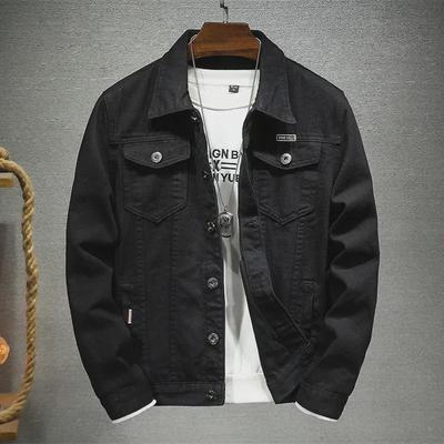 2024 Men's European & American Black Denim Jacket - Pure Black, Simple Design