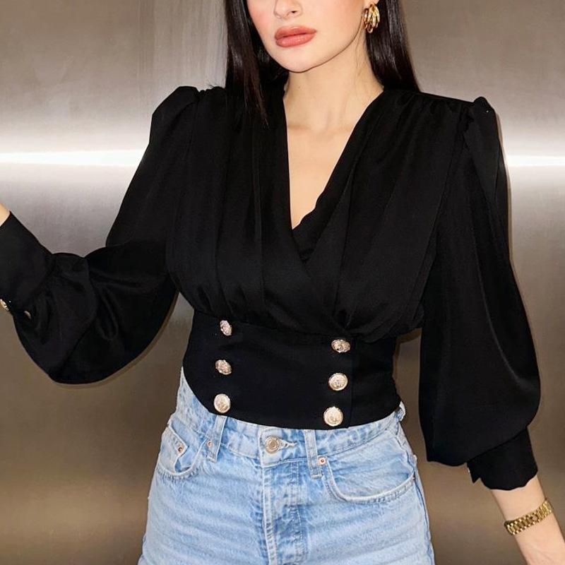 European and American Shirts Women's V-neck Sexy Long-sleeved Short Waist Bubble Sleeves Solid Color Shirt