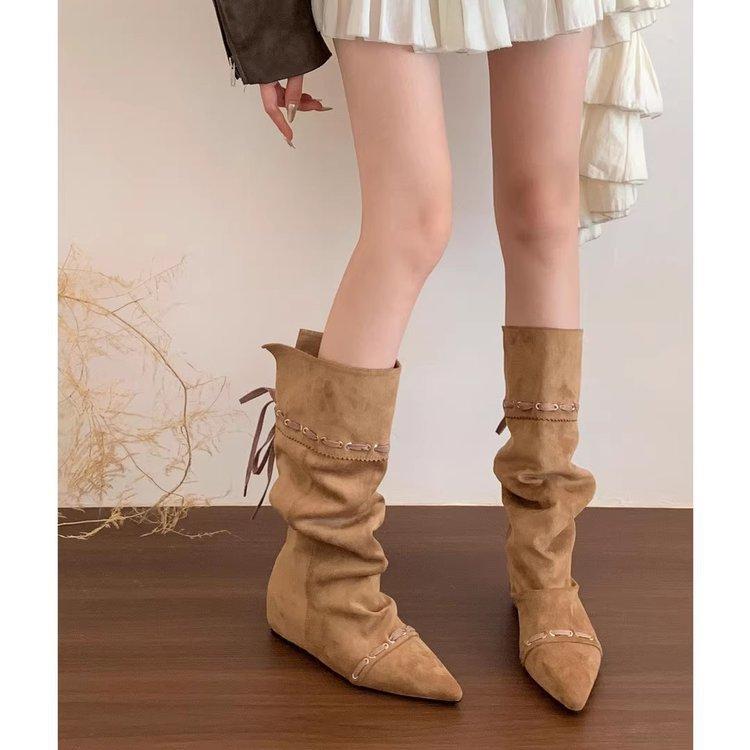 "Wasteland Spice Girls" Innenerhöhung Western-Cowboystiefel Damen Herbst und Winter Plüschstiefel Schnürstiefel Skinny Kniestiefel
