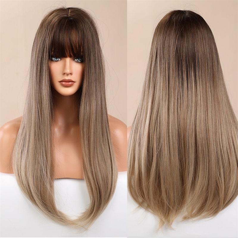 Cover Bangs Gradient Gray Long Silk Wigs High Temperature Chemical Fiber Wig Head Straight Hair