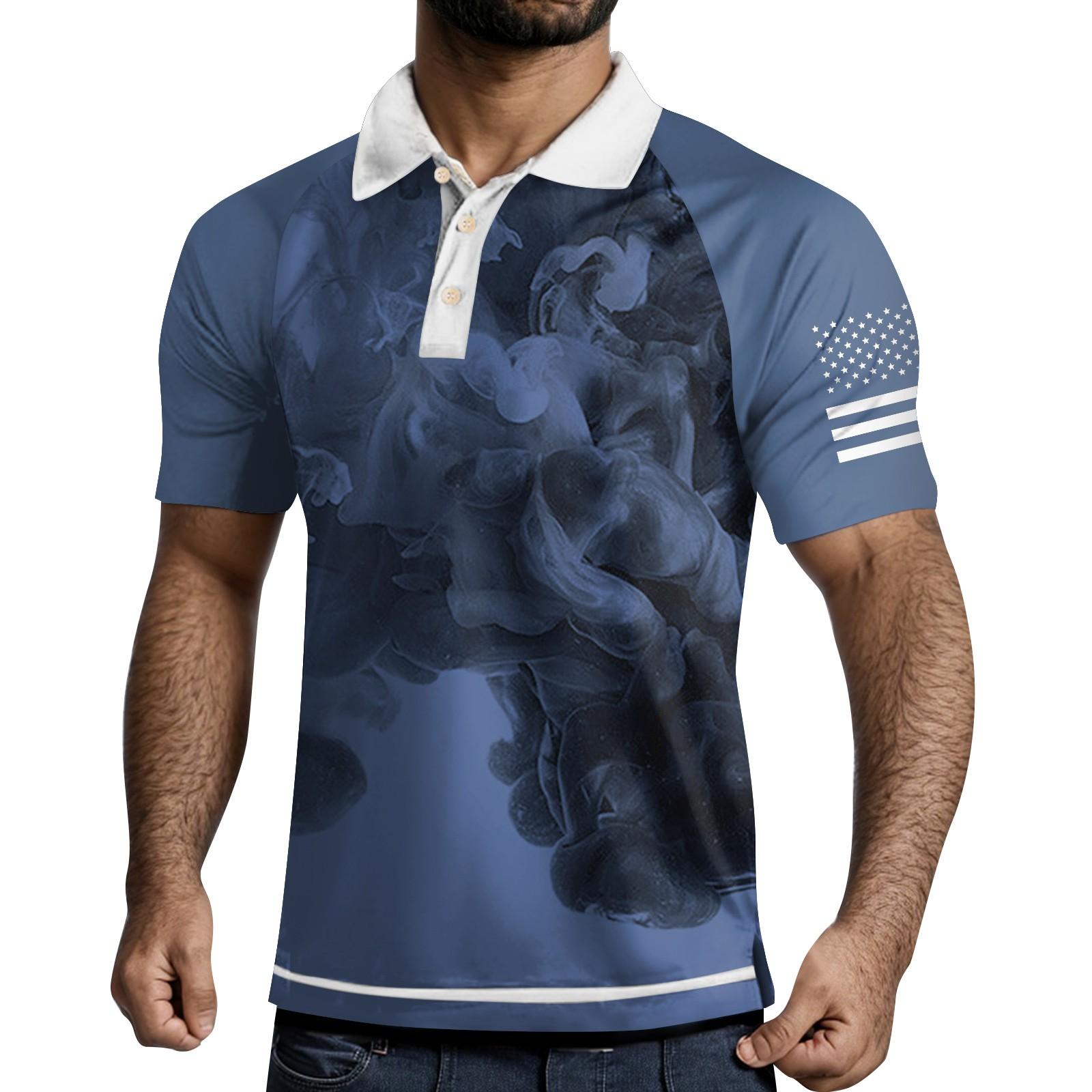 

Мужская рубашка с коротким рукавом и тремя пуговицами и лацканами XL синий