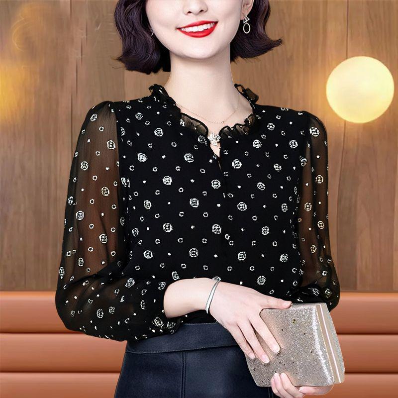 Women's High-End Ruffle Long-Sleeve Fashion Top - Loose Fit, Spring/Autumn Style.