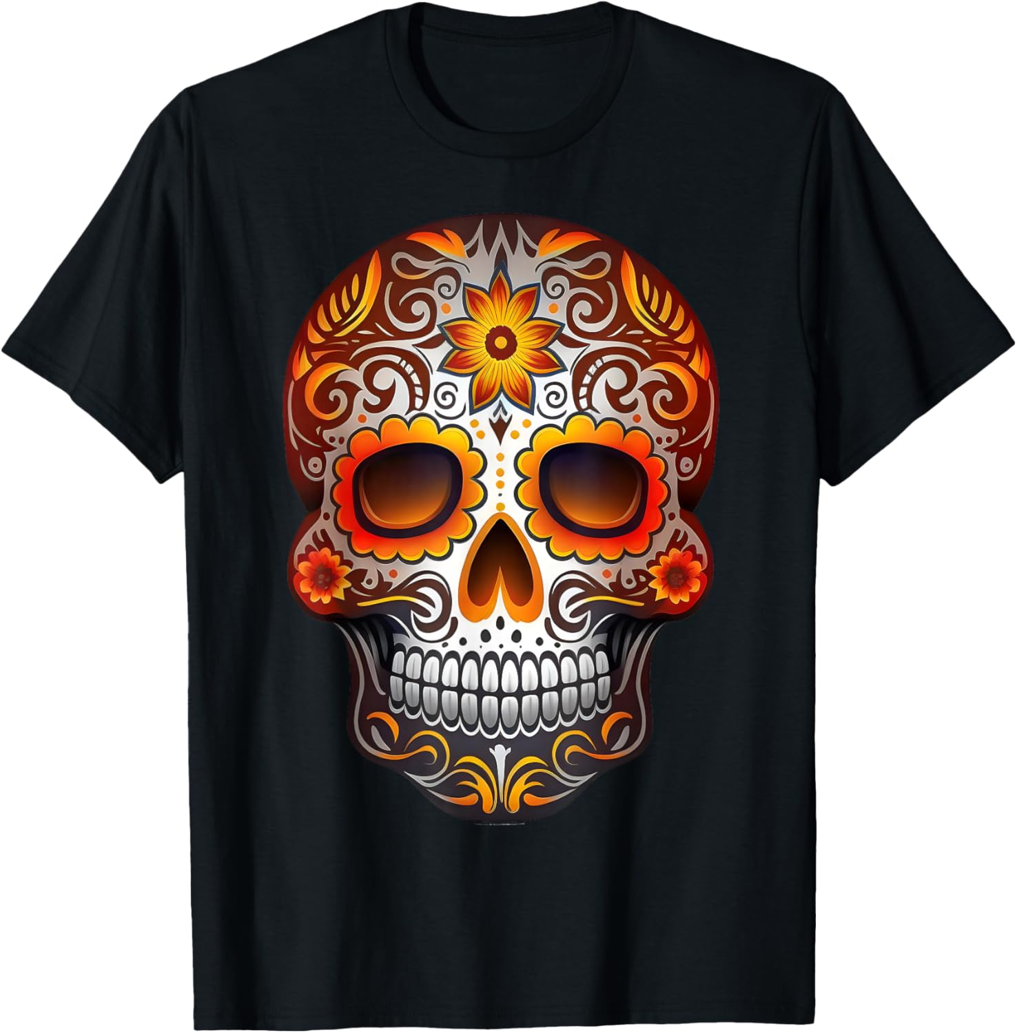 Day of Dead Sugar Skull Floral Skeleton Head Bone Skull T-Shirt S