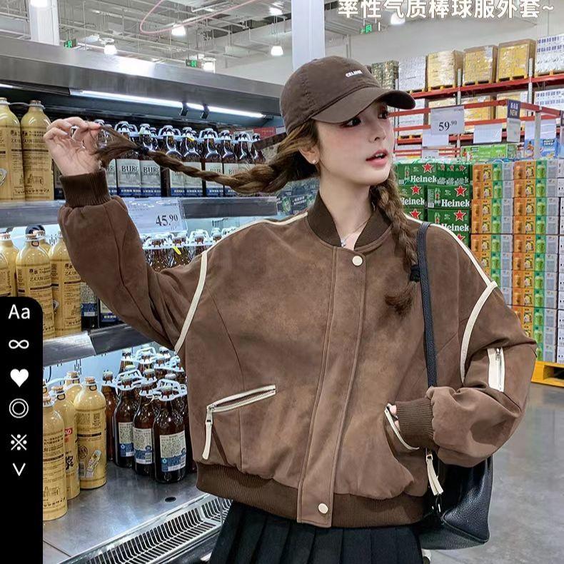 Vintage Brown Baseball Jacket Women Spring Fashion Retro Outerwear Casual Coat