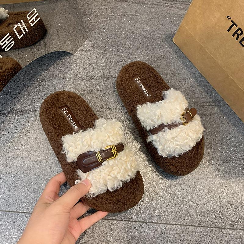 Retro Dicksohlige Flauschige Hausschuhe Damen Outdoor 2025 Herbst und Winter Koreanische Version Bequeme Lockige Hausschuhe Ein-Wort Baumwollschlepper Damen