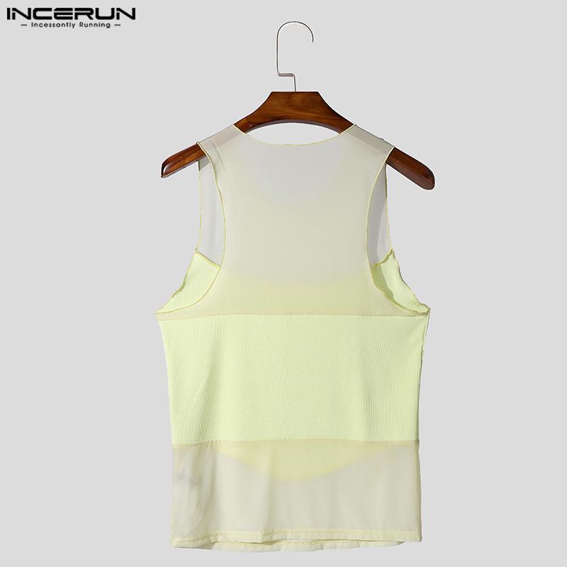 INCERUN Menn Ermeløs Mesh Patchwork Sexy Club Party Slim Tank Tops