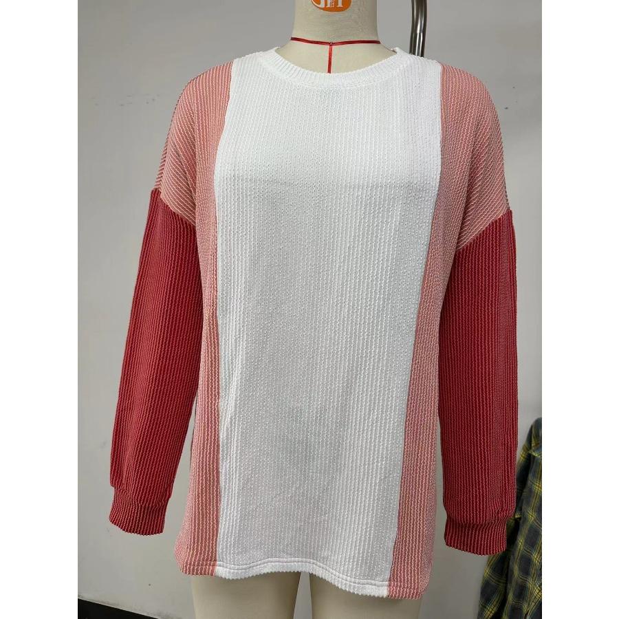 Autumn Winter Women Pullover Long Sleeves Knitwear Clothing Casual Round Neck Patchwork Loose Fitting Pullovers Plus Size Top for Women