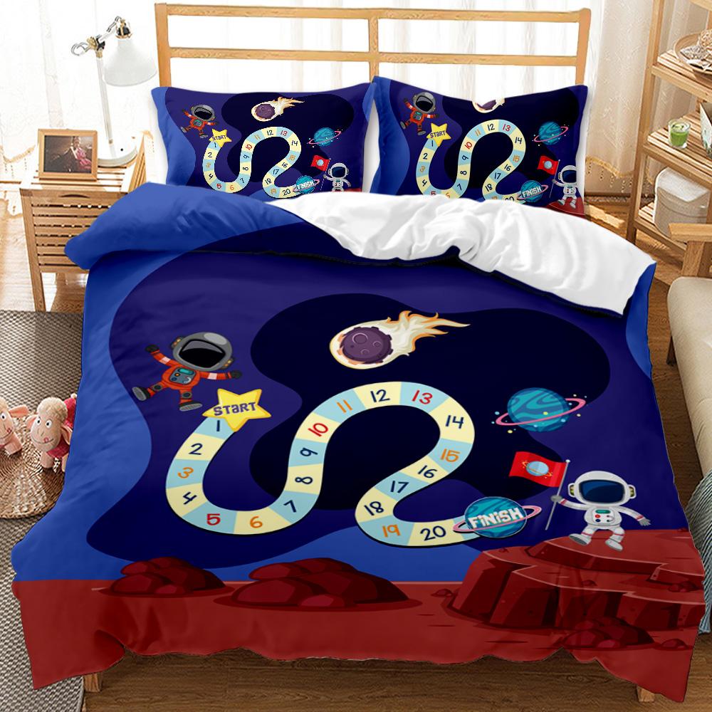 Child Cartoon Astronaut Duvet Cover Bedding Set King Size Boys Kids Galaxy Stars Out Space Soft Polyester Comforter Cover Black