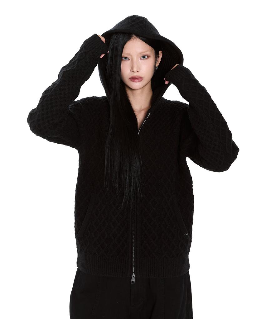 AAKAM Cable Knitted Zip-Up Hoodie (Black)