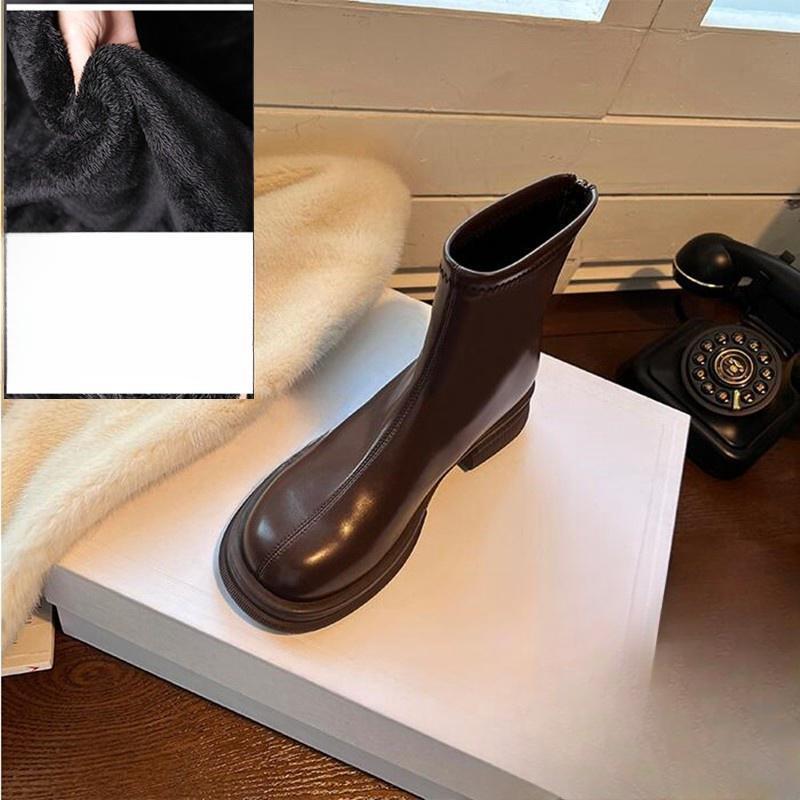 Foreign Skinny Boots Women's Short Boots Black Autumn and Winter Round Head Boots Thick-soled Martin Boots Thick Heel Elastic Single Boots