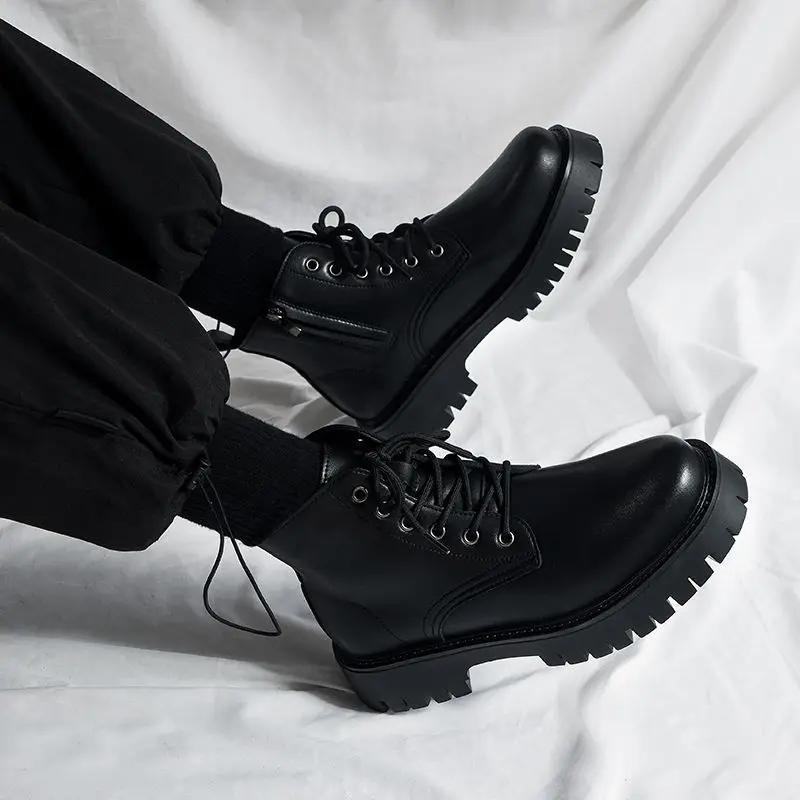 

Vintage British Men s Spring Autumn High Top Waterproof Leather Shoes Black Biker Casual Lace Up Anti Slip Fashion 44