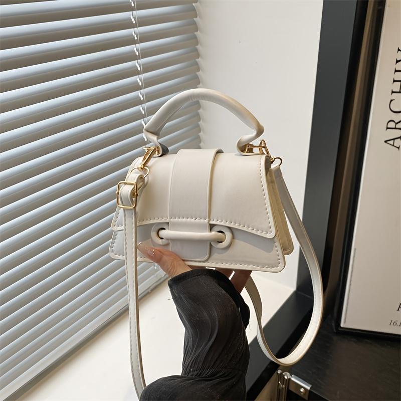 Mini Top Handle Crossbody Bag with Flap Metal Ring Detail, Chic Leather Shoulder Purse, Elegant Compact Handbag for Daily Party