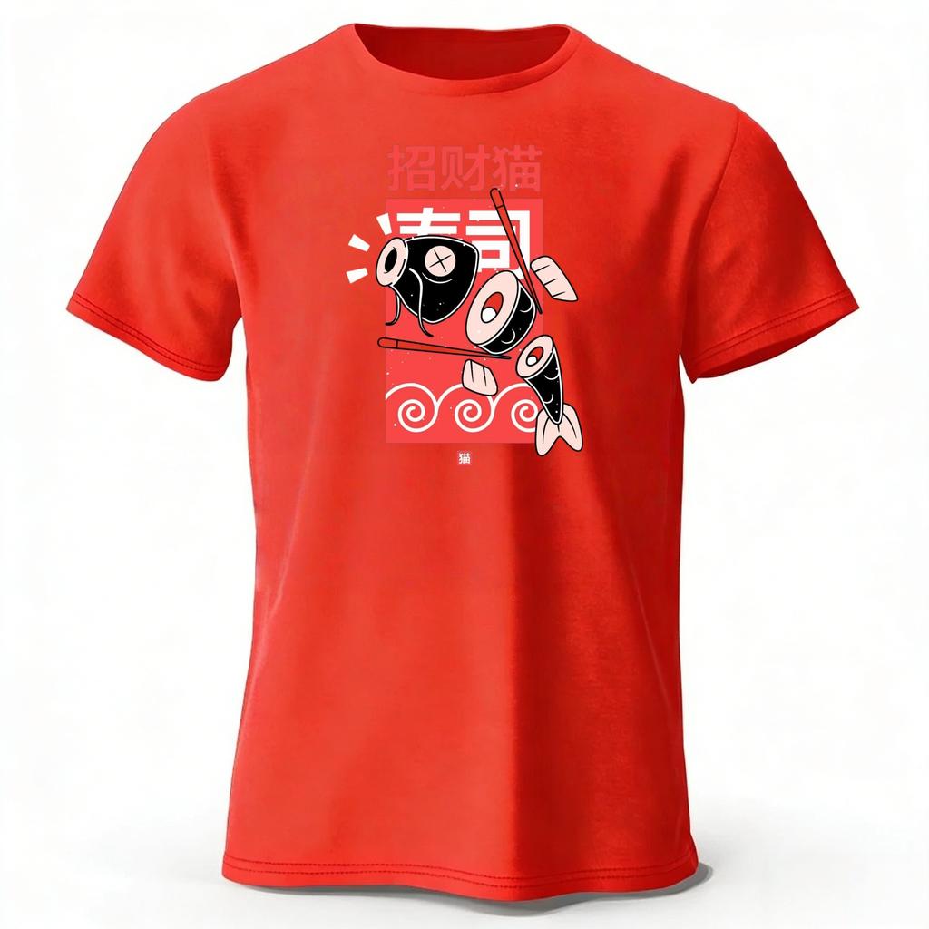 Summer New Japanese Cat Style Trendy Casual Printed Pure Cotton Tshirt for Men Loose Oversized Breathable Oneck Short Sleeved