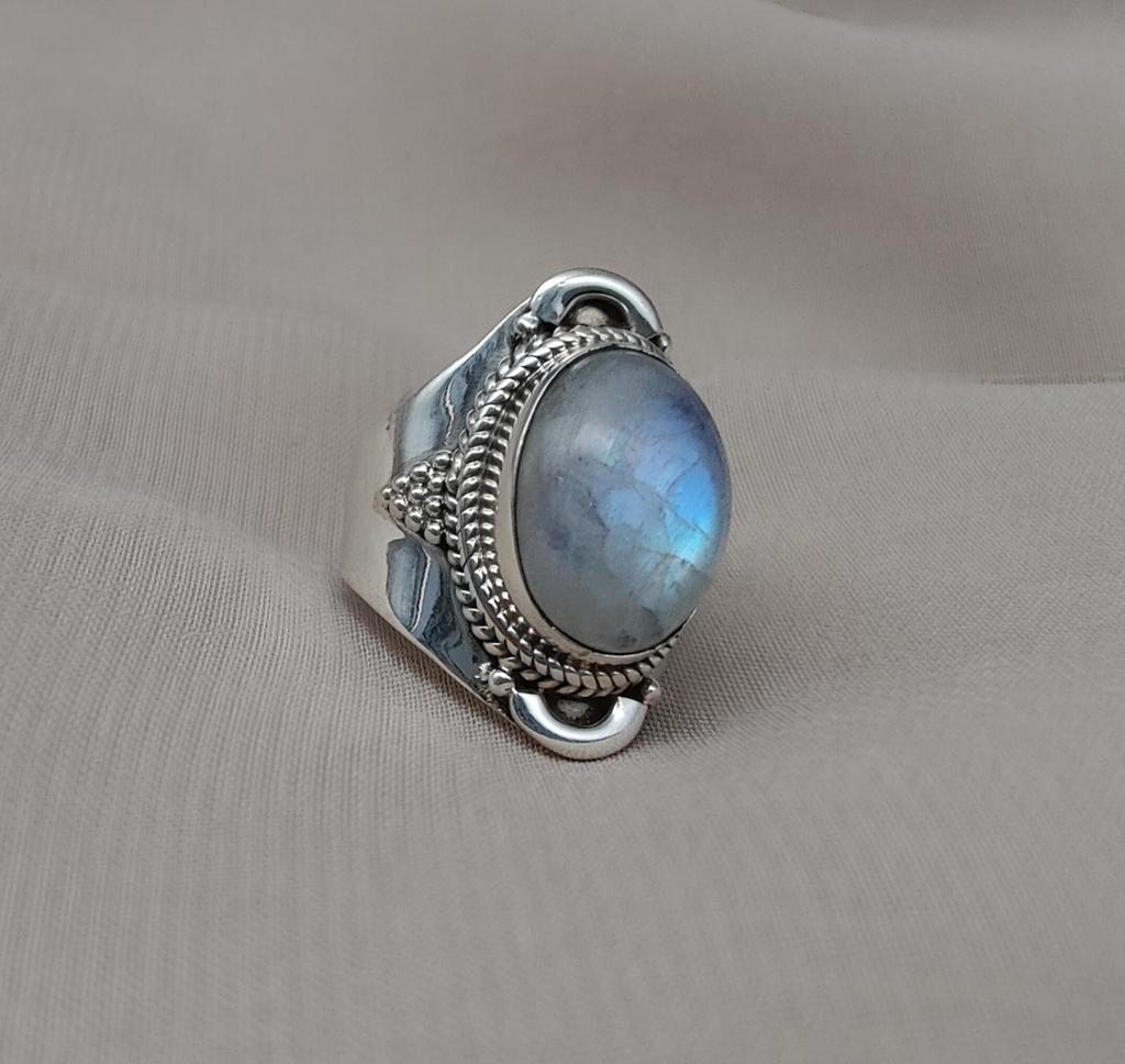 Rainbow Moonstone Ring: Sterling Silver Statement Jewelry, Artisan Boho Design