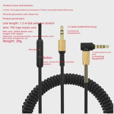 Marshall Ma Naberačka Slúchadlá Pružinový Audio Kábel, Originálny Pripojovací Kábel