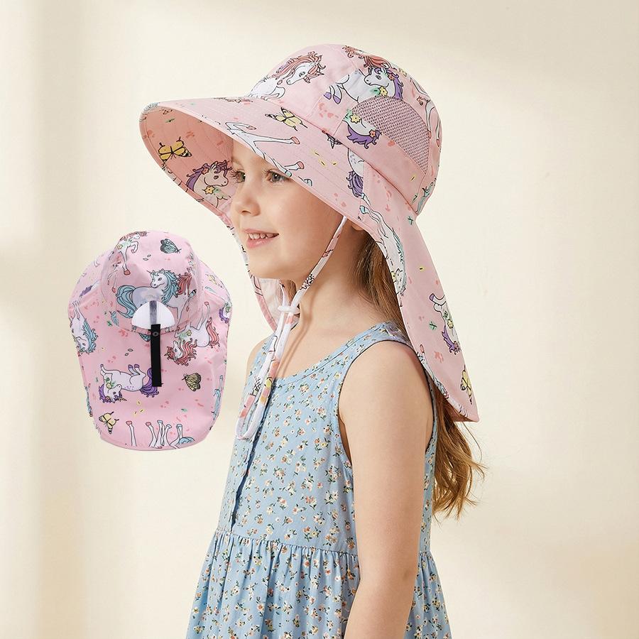 Children s cartoon pattern sun hat with brim for boys and girls, summer sun protection and shade fishing hat 48-50cm