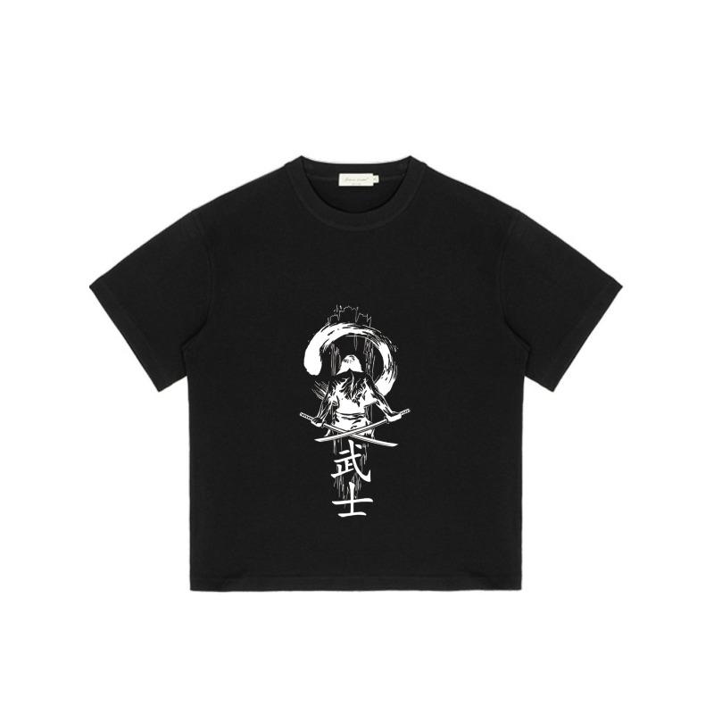 Black T-Shirt Samurai Warrior with Sword and Moon Print for Casual Wear