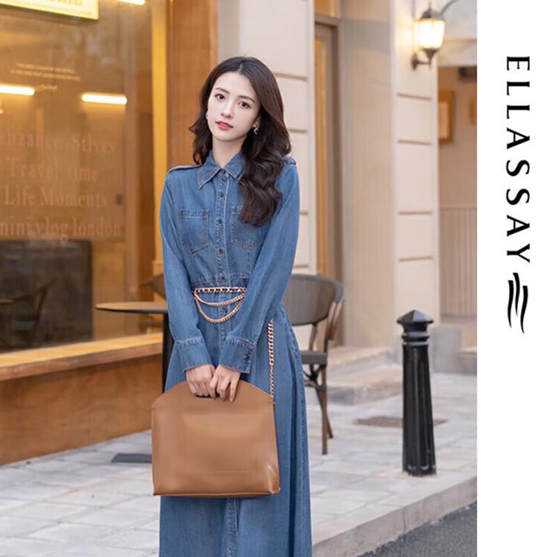 

ELLASSAY Women s Tencel Denim Shirt Dress with Waist Chain