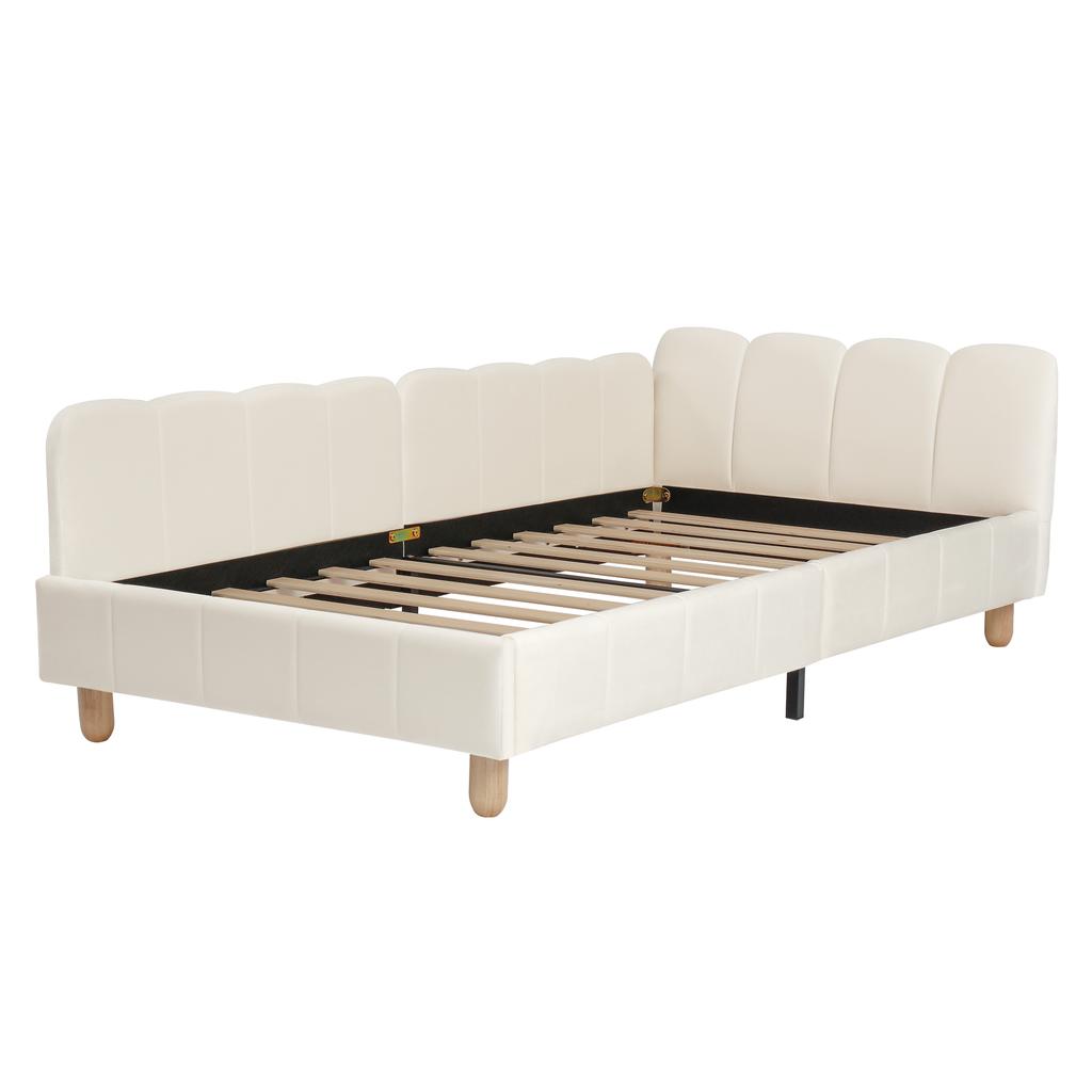 Polsterbett, Einzelbett, Kinderbett 90 x 200 cm, Bett mit gepolstertem Kopfteil und Absturzsicherung, Bettfüße aus Massivholz, Samt, Beige