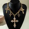 Vintage Creative Imitation Pearl Big Cross Pendant Necklace for Men Woman Luxury Rhinestone Choker Adjustable Chain Jewelry