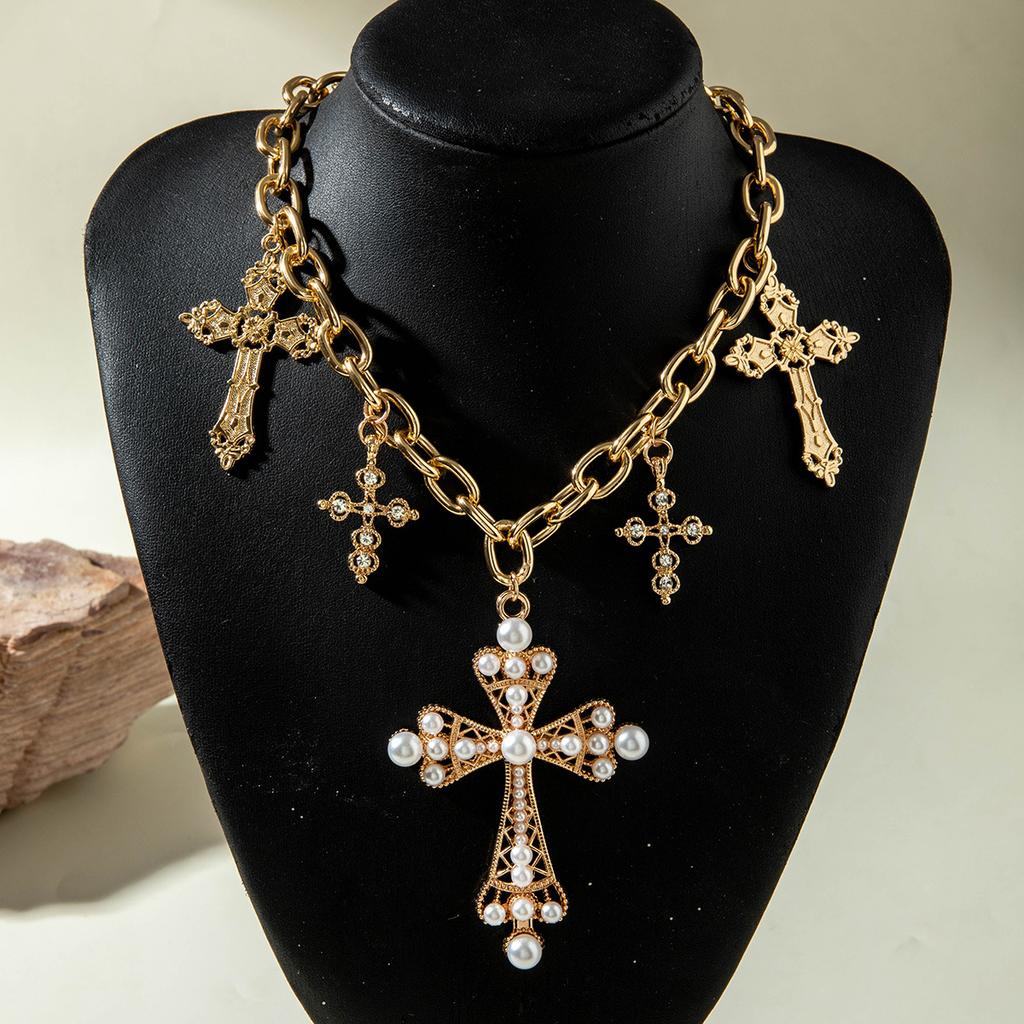 Vintage Creative Imitation Pearl Big Cross Pendant Necklace for Men Woman Luxury Rhinestone Choker Adjustable Chain Jewelry