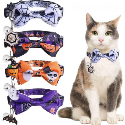 Fiyonklu ve Çıngıraklı Cadılar Bayramı Kedi Tasması Balkabağı Hayalet Yarasa Grafikli Ayarlanabilir Yavru Kedi Tasması Kedi/Köpek için Evcil Hayvan Malzemeleri