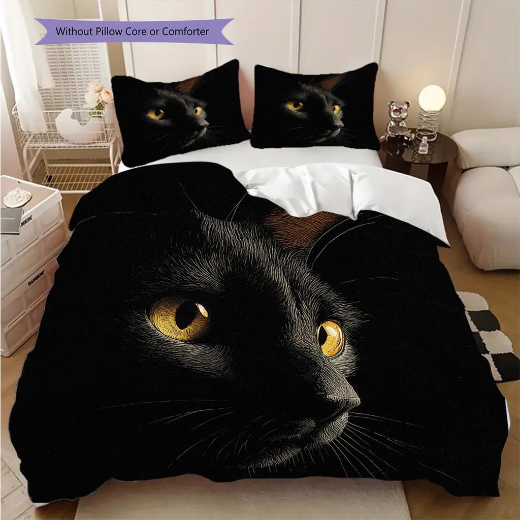 Black Cat Pattern Bedding Quilt Set Quilt Cover Pillowcase Home Decoration Birthday Gift (1 * Duvet Cover + 2 * Pillowcase, Without Core)