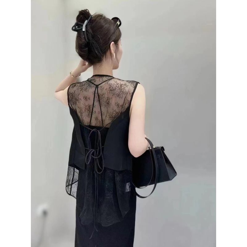 

Understand the Design and Enter Again! Double-Sided Fabric Patchwork Stitched Pattern Lace-up Fake Two-Piece Long I-Shaped Vest Women Summer Thin Coat Black L